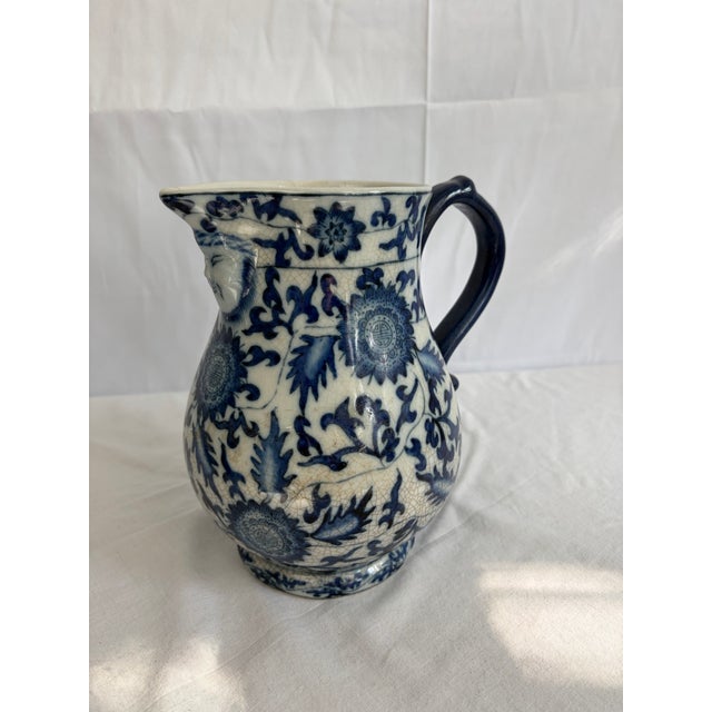 1950s 1950s Chinese Blue & White Crackle Glaze Porcelain Pitcher With Figural Face Motif For Sale - Image 5 of 10