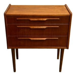 1960s Danish Teak Mid Century Modern 3 Drawer Commode Night Stand Apartment Sized Storage