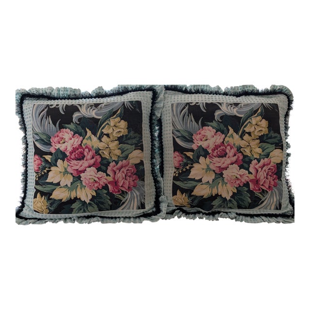 Pair of Jumbo Handmade Vintage Black Background Barkcloth Pillow Shams For Sale