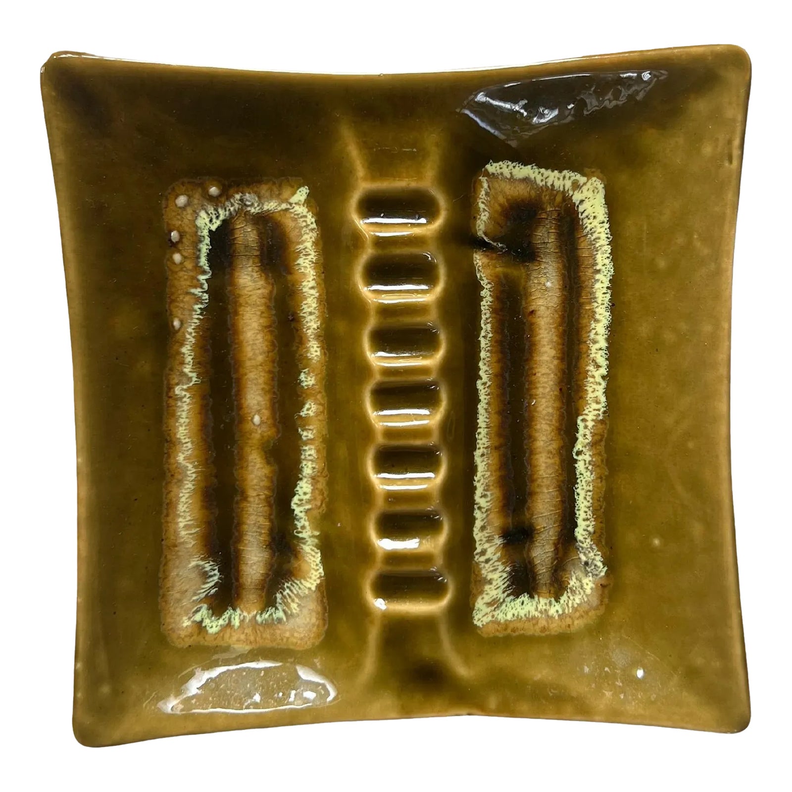 Mid Century Sculptural Ceramic Ashtray in Mustard and Chartreuse