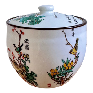 Vintage Chinese Porcelain Container — Hand-Painted Birds & Calligraphy