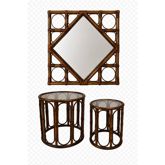 Brown Vintage Mirror and Bamboo Side Tables with Smoked Glass, 1970s, Set of 3 For Sale - Image 8 of 8