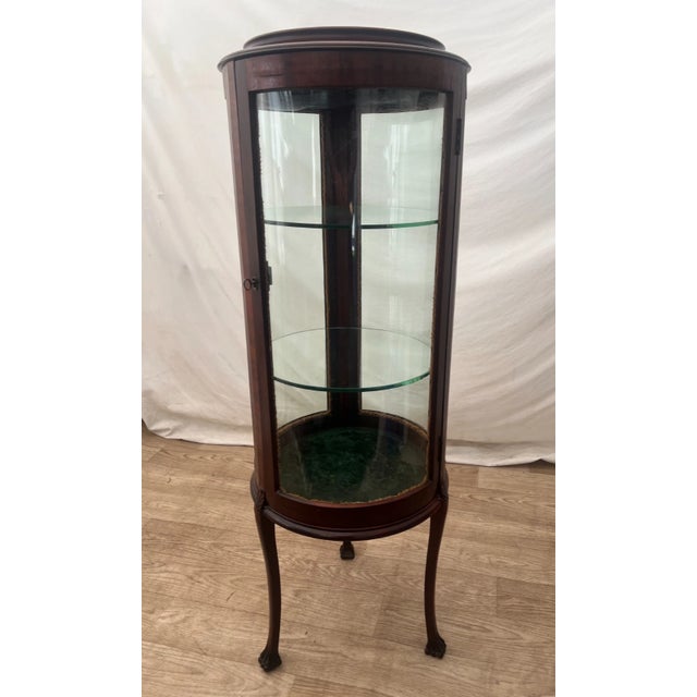 Wood Antique Corner China Cabinet Round Shape Curio Wavy Glass Two Shelves Mahogany For Sale - Image 7 of 15
