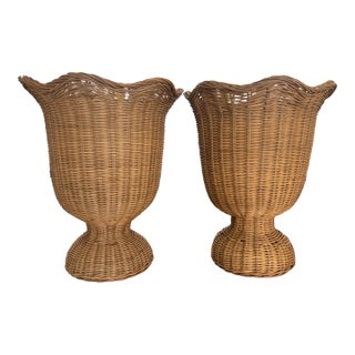 Grand Millennial Style Natural Wicker Footed and Scalloped Garden Urns- A Pair For Sale