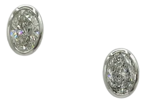 White Oval 1.5 Carats Each Diamond Bezel Stud Earrings in 18k White Gold, A Pair