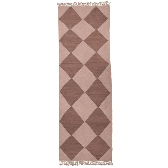 Mid-Century Modern Redwood & Rust Diamond Checker Zanafi Flatweave Moroccan Wool Rug - Sample For Sale - Image 3 of 8