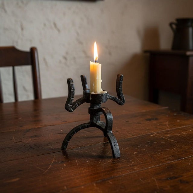 Black Vintage Brutalist Wrought Iron Candlestick Holder-Hand Forged-Tripod-MCM-Gothic For Sale - Image 8 of 9