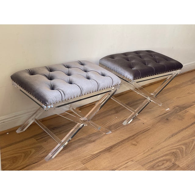 Vintage Lucite x benches, tufted gray velvet with Mongolian fur covers, pair.
