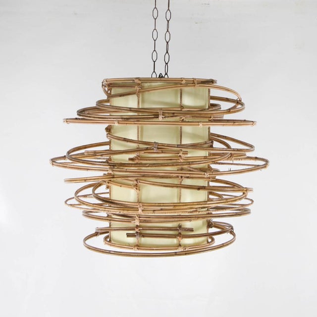 Light Yellow Vintage Rattan and Fabric Pendant Light For Sale - Image 8 of 11