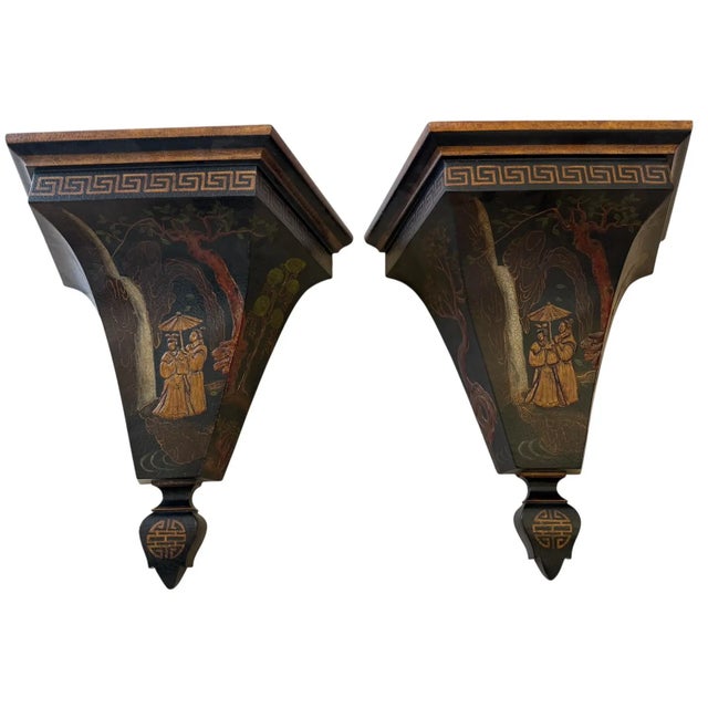 Pr Chinoiserie Greek Key Large Black Wall Brackets For Sale In Miami - Image 6 of 12
