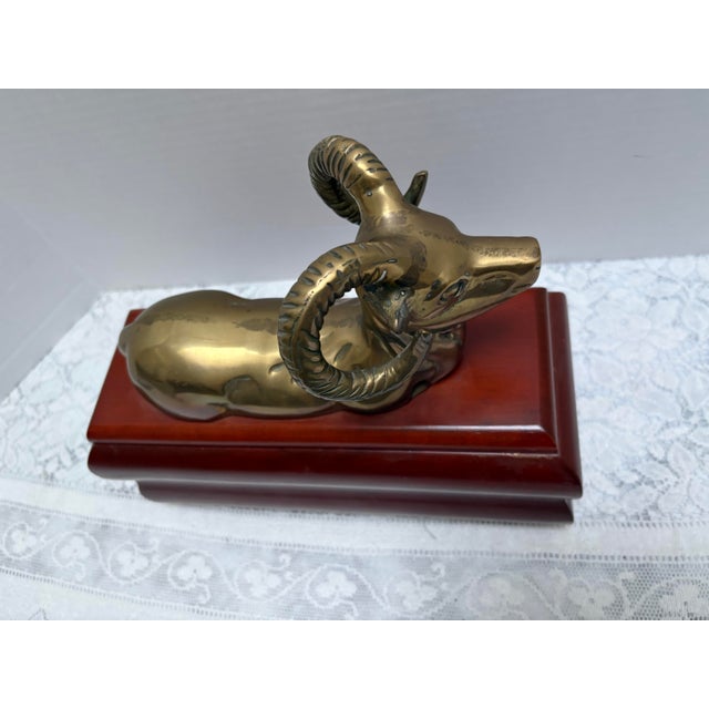 1980s Vintage Hollywood Regency Brass Ram Wood Decor Box For Sale - Image 5 of 8