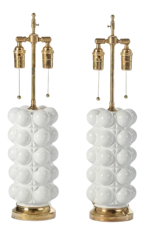 1970s White Lacquered Glass Bubble Table Lamps - A Pair