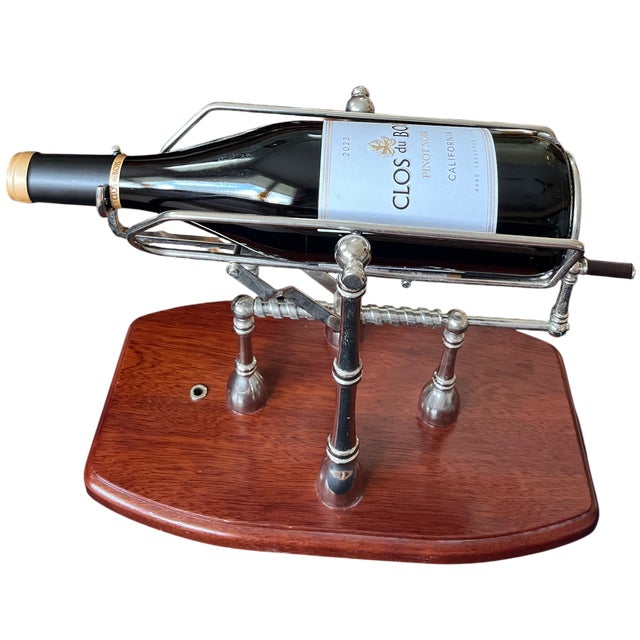 Contemporary 1990s Gattorna Argentina Mechanical Wine Pourer & Decanting Cradle – Nickel With Wood Base For Sale - Image 3 of 9