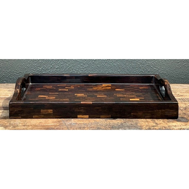 This striking vintage serving tray is a masterclass in organic texture and meticulous craftsmanship, featuring an...