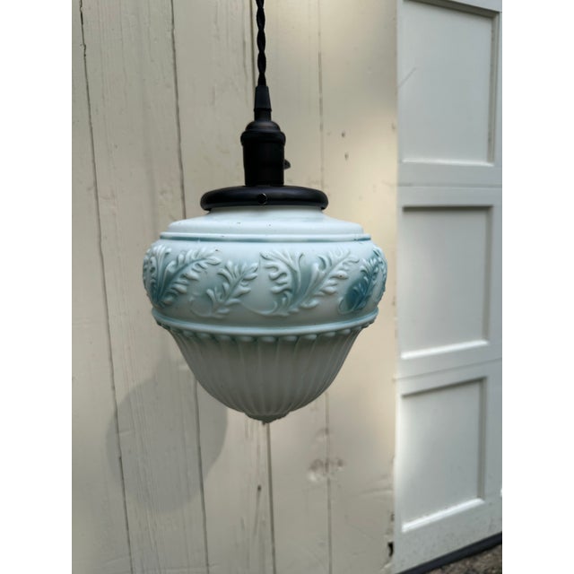 1920s Antique Brass Hanging Fixture With Vintage Glass Shade For Sale - Image 5 of 9