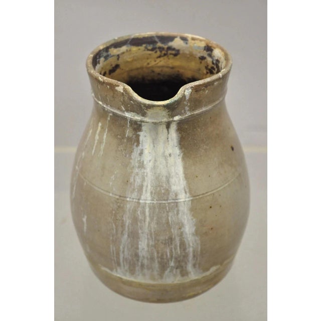 Traditional Antique Primitive Stoneware Salt Glazed 8" Bulbous Water Pitcher With Handle For Sale - Image 3 of 11