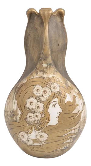 Art Nouveau Bohemian Ceramic Vase Amphora with Floral Female Portrait, 1890s