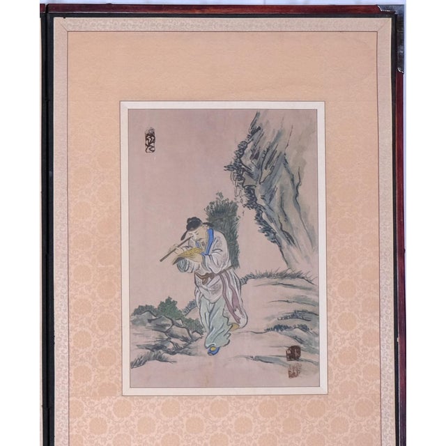Gold 1950s Chinese Byobu Four Traditional Hand Painted and Stamped Vignettes on This 4-Panel Very Good + Condition Folding Screen For Sale - Image 8 of 11