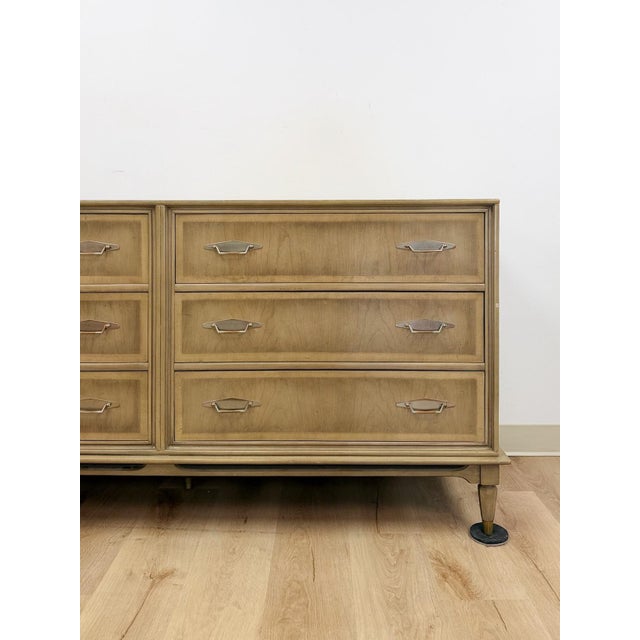 Vintage MCM Gray Washed Blonde Dresser Six Drawer With Metal Handles For Sale - Image 9 of 13