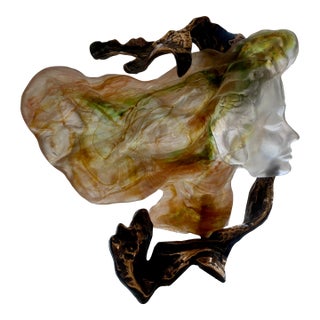 1990s Yves Lohé "Le Vent" Signed Bronze and Pâte De Verre Sculpture, France For Sale