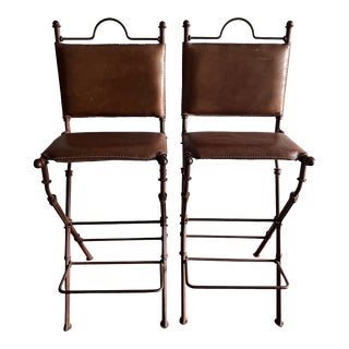 1970s Mid Century Modern Rustic Leather & Wrought Iron Barstools - a Pair For Sale