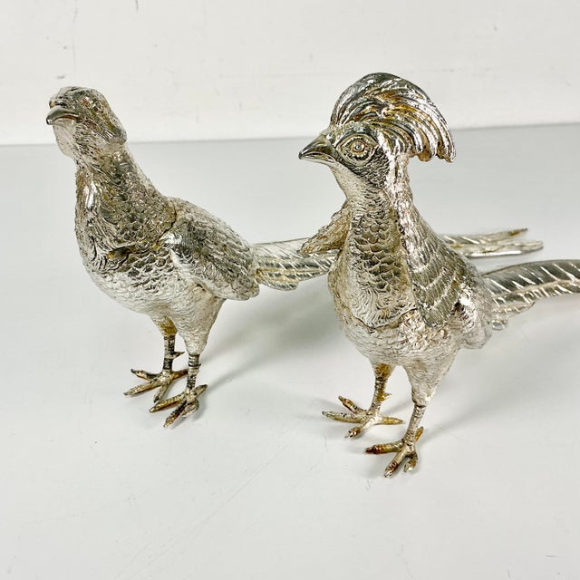 Early 20th C Vintage French Chippendale Hollywood Regency Game Bird Pheasant Silverplate Figurals - An Opposing Pair For Sale - Image 13 of 18
