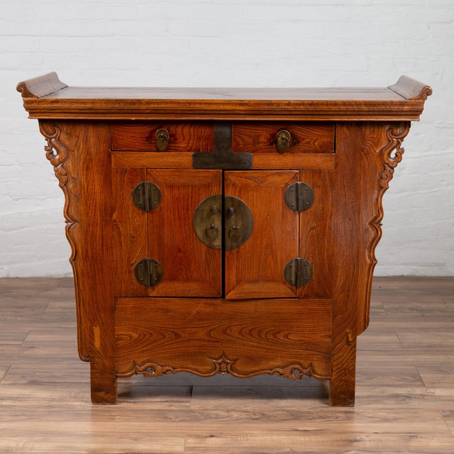 Chinese Ming Style Elm Altar with Carved Sides, Drawers and Doors Chairish