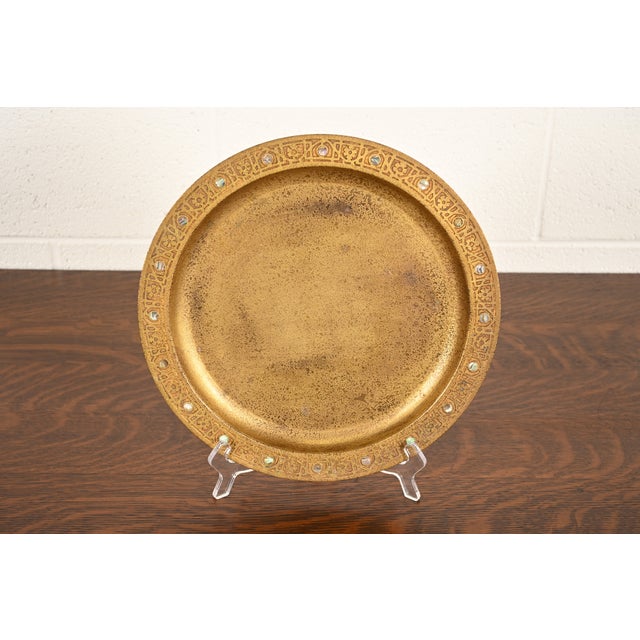 A gorgeous antique Arts & Crafts or Art Deco period gilt bronze large plate or tray with abalone inlay By Tiffany Studios...