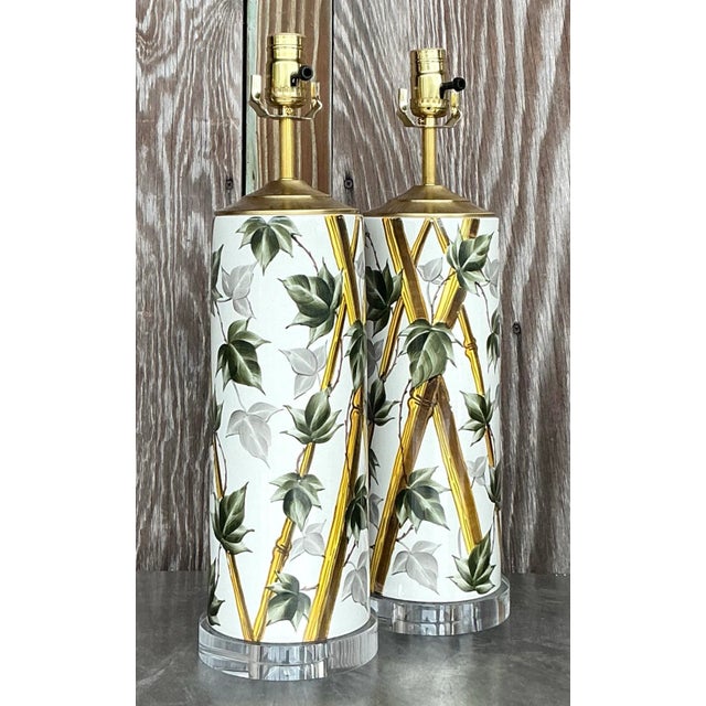 Vintage Coastal Bamboo Vine Glazed Ceramic Lamps - a Pair For Sale In West Palm - Image 6 of 7