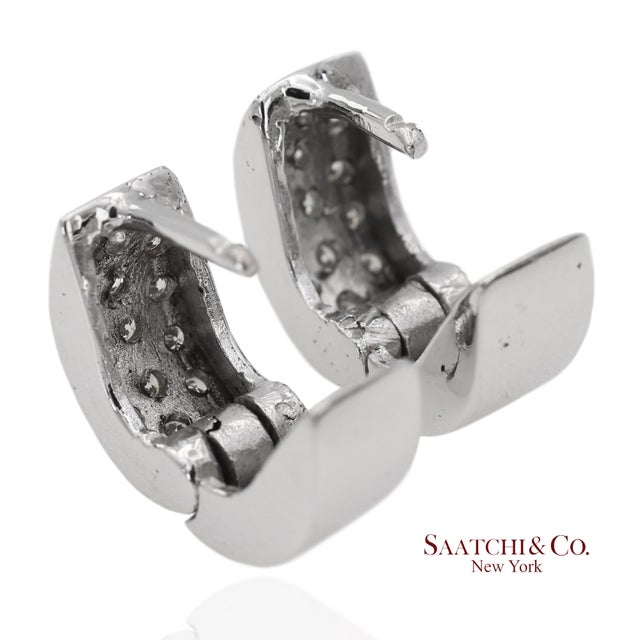 Silver 18k 750 Solid White Gold Natural Diamond Huggie Hoop Earrings, Pair For Sale - Image 8 of 12