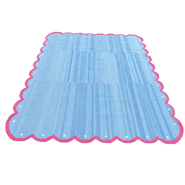 Handmade Cotton Area Four Sided Scalloped Rug Dhurrie Sky Blue and Pink Border-9'x12' For Sale - Image 9 of 10