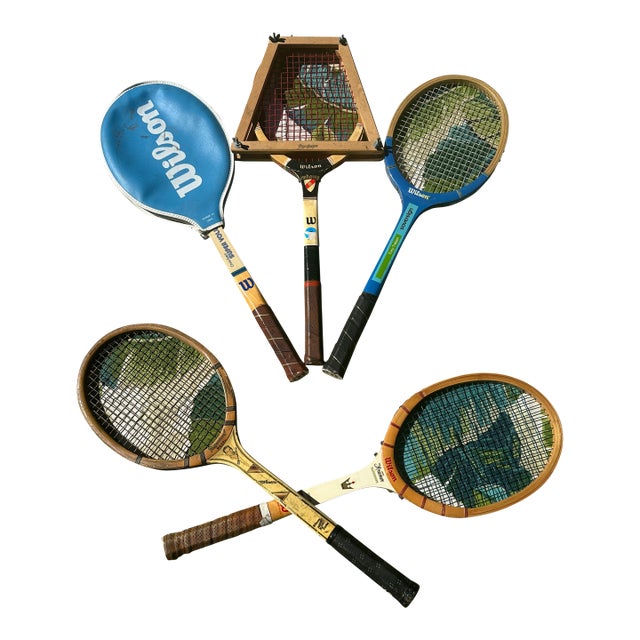 Vintage Collection of Wilson Wooden Tennis Rackets With Blue Accents, Cover, and Guard For Sale