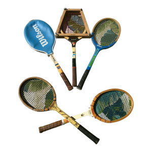 Vintage Collection of Wilson Wooden Tennis Rackets With Blue Accents, Cover, and Guard