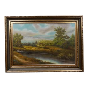Vintage W. Shawn Mountain Valley River Landscape Oil Painting on Canvas 44"