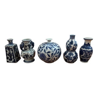 Vintage Miniature Chinese Blue & White Porcelain Vases - Set of 5 For Sale