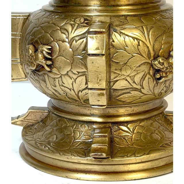 Metal Pair of Monumental Meiji Period Gilt Metal Censors/ Vases For Sale - Image 7 of 18
