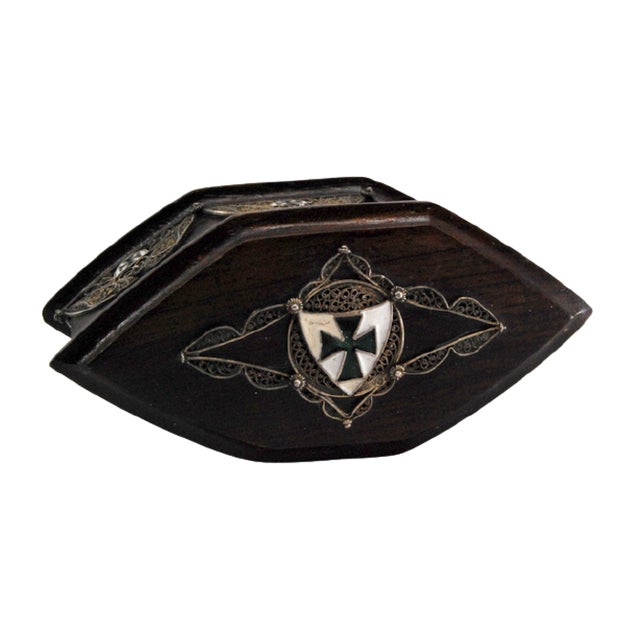 Wooden Jewelry Box with Silver Coat of Arms Applications and Velvet Interior, in Good conditions.