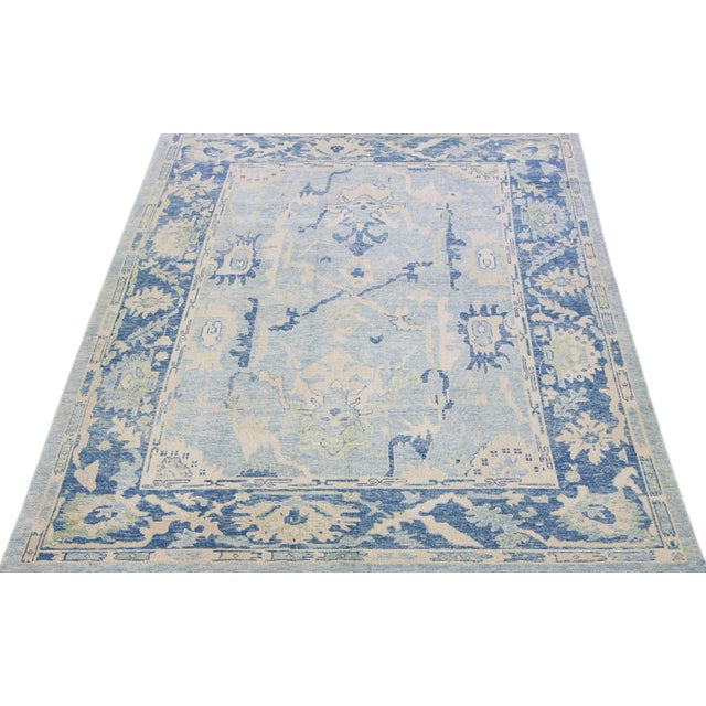 Modern Modern Turkish Oushak Light Blue Handmade Wool Rug With Floral Pattern For Sale - Image 3 of 7