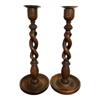 Antique Open Barley Twist Candlesticks- a Pair For Sale