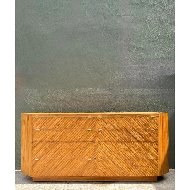 Wood Vintage Chevron Rattan Six-Drawer Dresser For Sale - Image 7 of 12