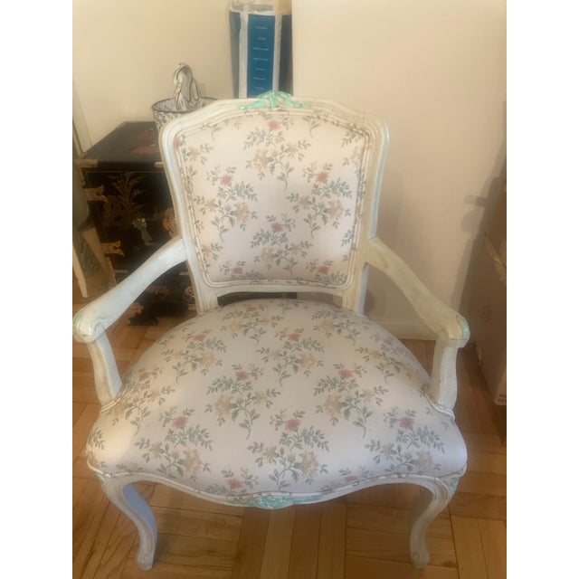 Wonderful well made 20th century Louis XVI chair with mi t green accents scrolling flowers on the top bottom legs and arms...