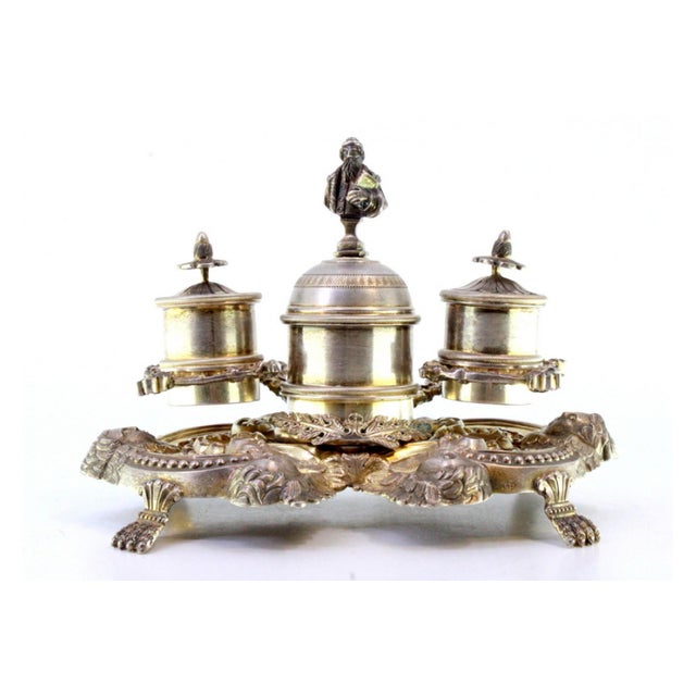 Metal Silver Inkwell with Tanks, Bell with Reliefs, Applications and Claw-Shaped Feet For Sale - Image 7 of 8