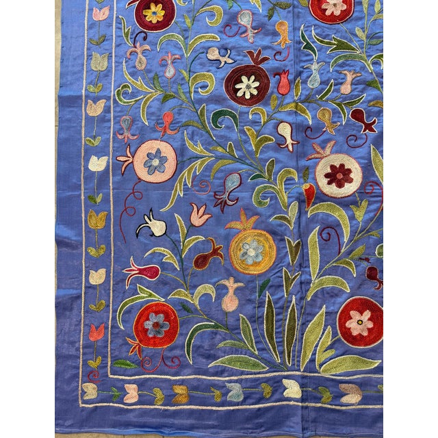 Blue Silk Suzani Wall Hanging With Floral Rosettes For Sale - Image 4 of 10