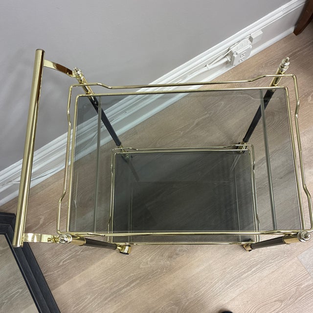 Vintage Italian Steel and Brass Drink Trolley Teacart With Black Fluted Legs and Smoked Glass For Sale - Image 4 of 5