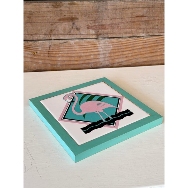 Turquoise 1985 Vando Flamingo Tile Wall Art With Painted Wood Frame For Sale - Image 8 of 11