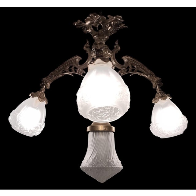 19th Century French Medieval Gothic Revival Bronze Four-Light Chandelier with Frosted Glass with Gryphons Gargoyles Dragons, 1890s For Sale - Image 11 of 13