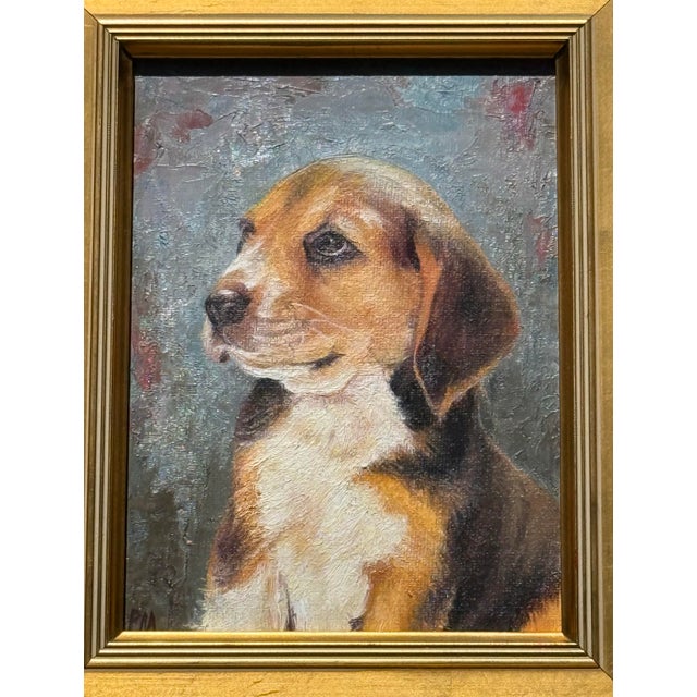 Contemporary Gold Wood Framed Oil on Board Portrait “Beagle Puppy” Artist Signed PM. This piece features a framed painting...