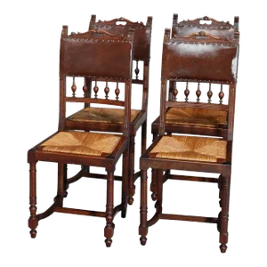 Antique French Renaissance Carved Walnut and Leather Dining Chairs - Set of 4