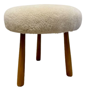 Swedish Modern Style, Beige Sheepskin, Stained Wood, Ottoman or Footstool