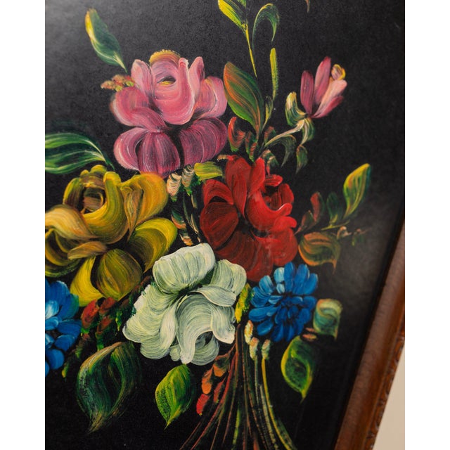 This unique oil painting impresses with its dramatic colors. The flower bouquet shown was painted in a classic style by an...